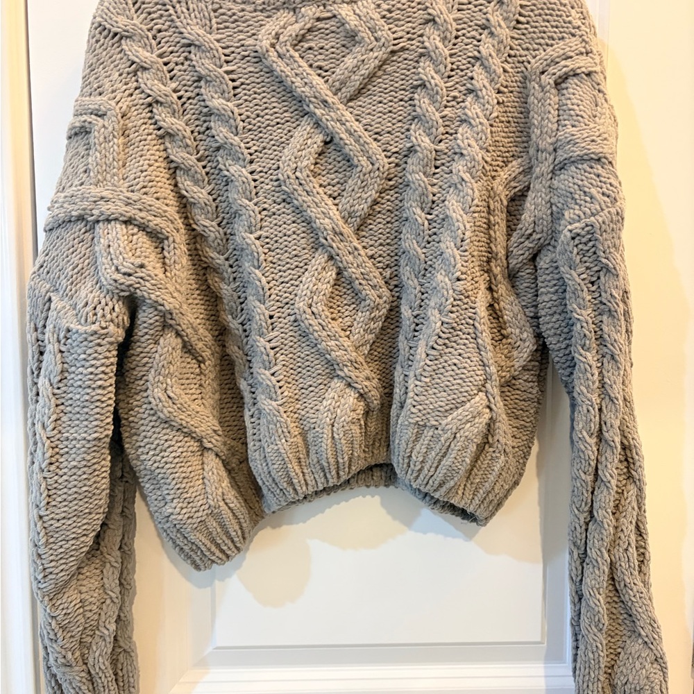 Altar'd State Chunky Cable Knit Sweater - Gray Cropped